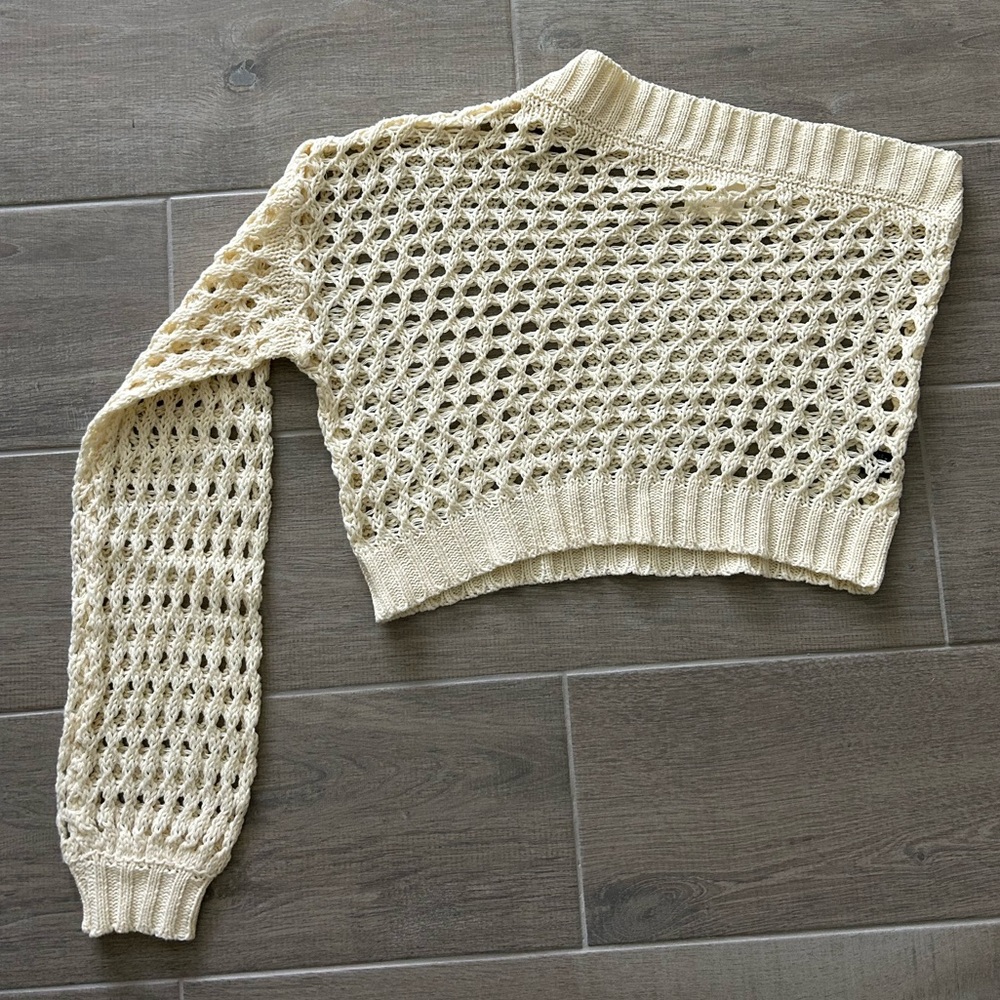 Anthropologie Maeve Off-the-Shoulder crochet Cream Sweater